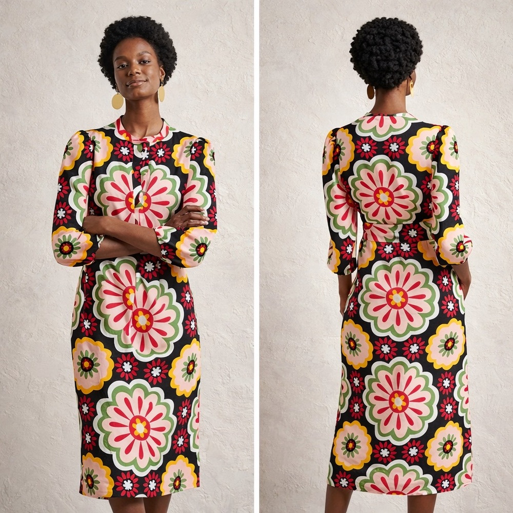 NWT Boden Multicolor 100% Linen Belted Shirt Dress US 8 Midi Floral
